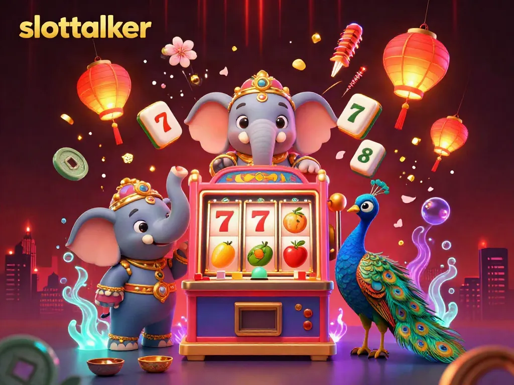 Engage with slottalker through a vibrant 3D illustration featuring a dynamic slot machine surrounded by colorful gambling elements.