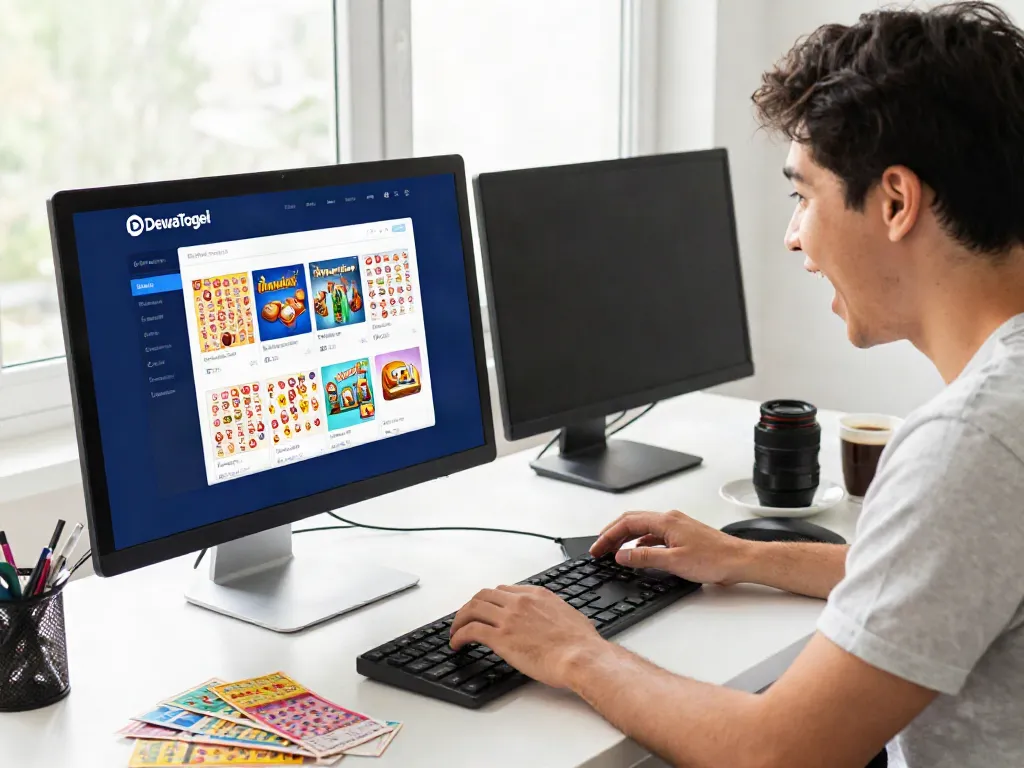 Login Dewatogel scene showing an excited user accessing the gaming platform from a modern desk setup.