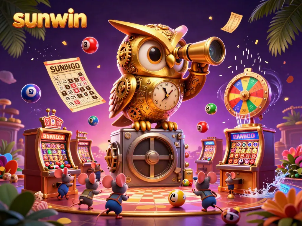 Engage with Sunwin's dynamic casino experience featuring a golden owl overseeing vibrant gambling activities.