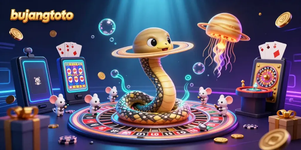 Bujangtoto cosmic scene with a Saturn ring snake and astronaut mice placing bets around a roulette wheel, showcasing vibrant slot games.