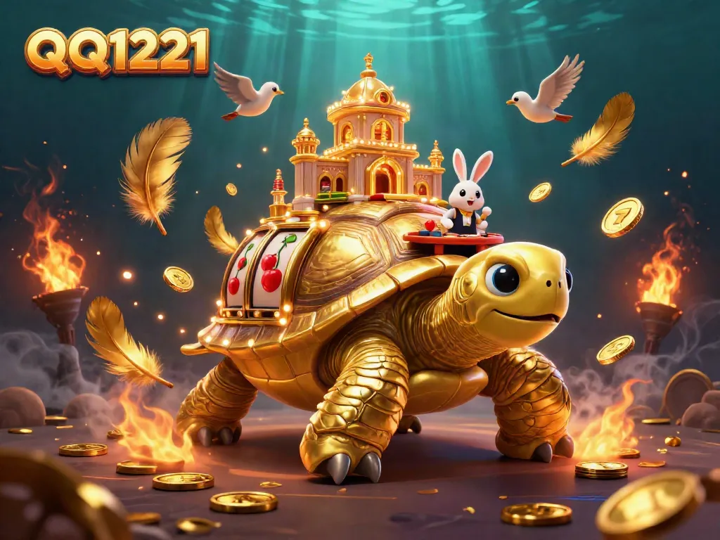 Engage in QQ1221 slots with a vivid illustration of a tortoise casino tower and a rabbit dealer.