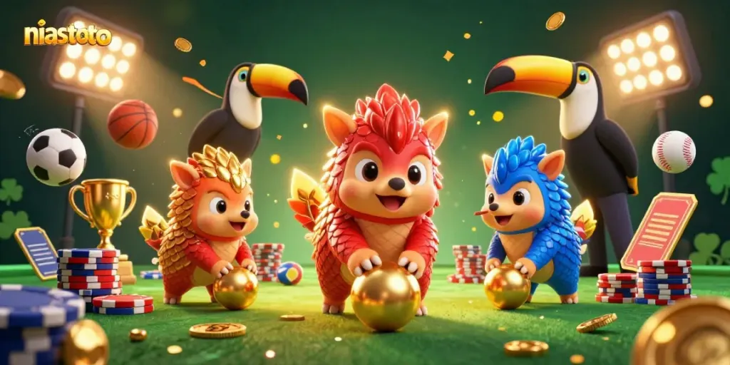 Experience thrilling gameplay with niastoto as rival pangolins roll through poker chips in a vibrant casino scene.