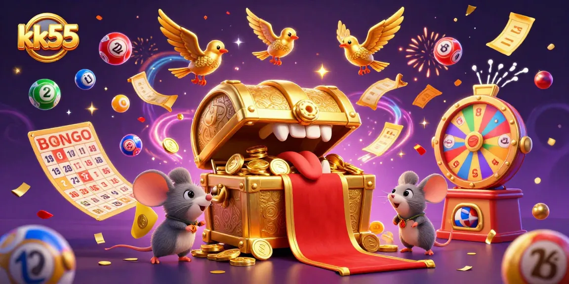 Experience excitement with kk55's animated treasure chest and vibrant lottery elements shining bright.