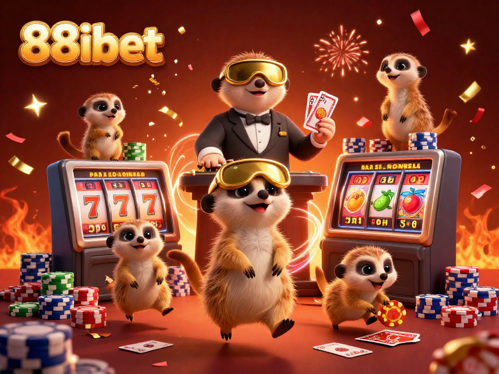 Experience exhilarating slots at 88ibet with a buzzing meerkat casino scene filled with excitement.