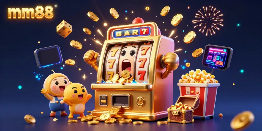 Watch the mm88 slot machine celebrate its jackpot, bursting with coins and excitement in this vibrant casino scene.