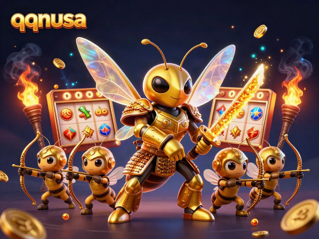 Participate in thrilling gaming with qqnusa featuring vibrant slot reels, dynamic characters, and golden elements.