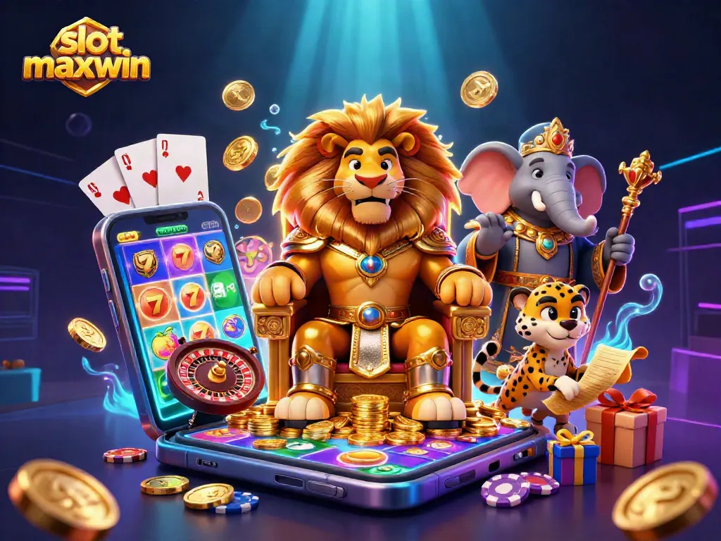 Spin the reels for a chance to win big with slot maxwin, featuring cartoon characters and casino elements.