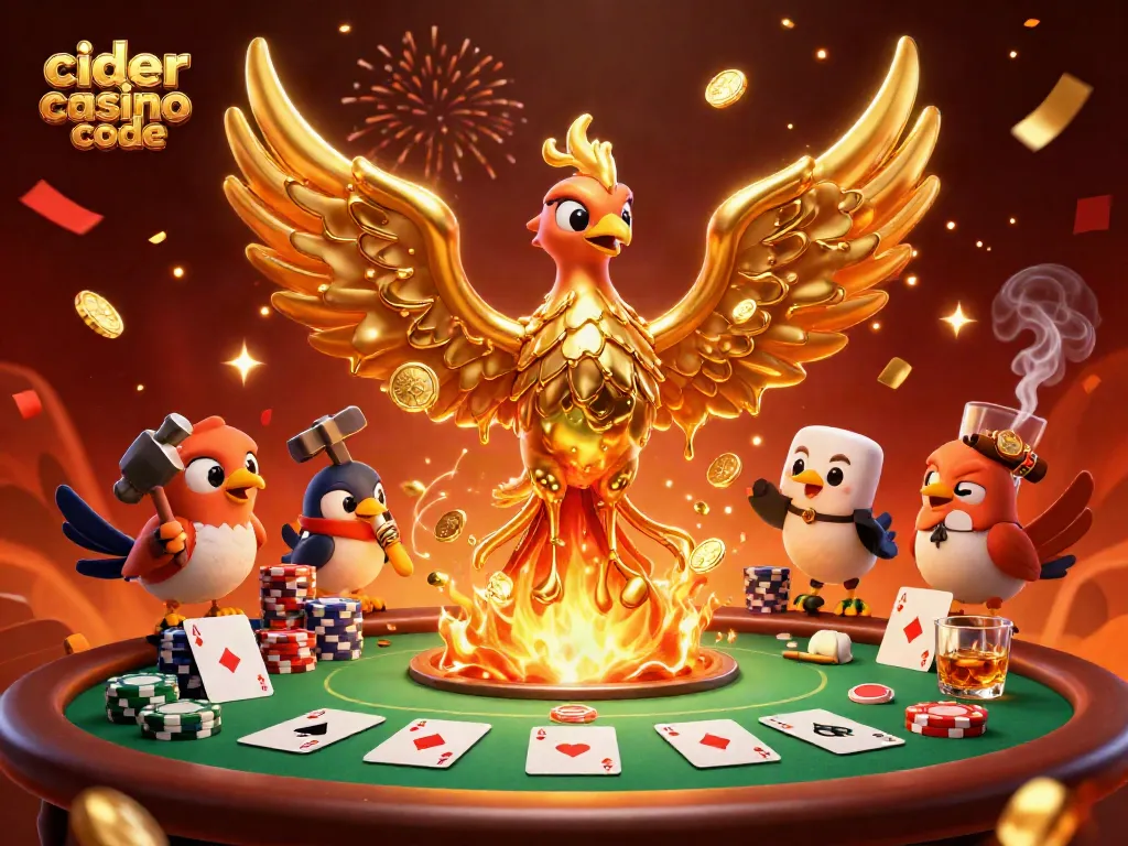 Engage with whimsical 3D art portraying the cider casino reward code, golden phoenix, poker elements, and celebratory effects.
