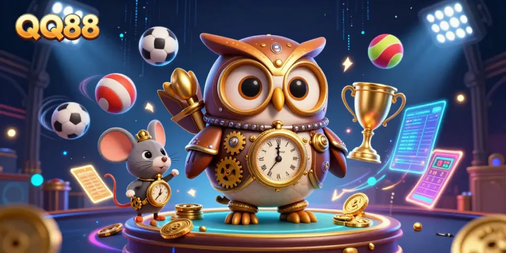 Engage with QQ88's dynamic gaming universe illustrated by a steampunk owl and elements like sports balls.