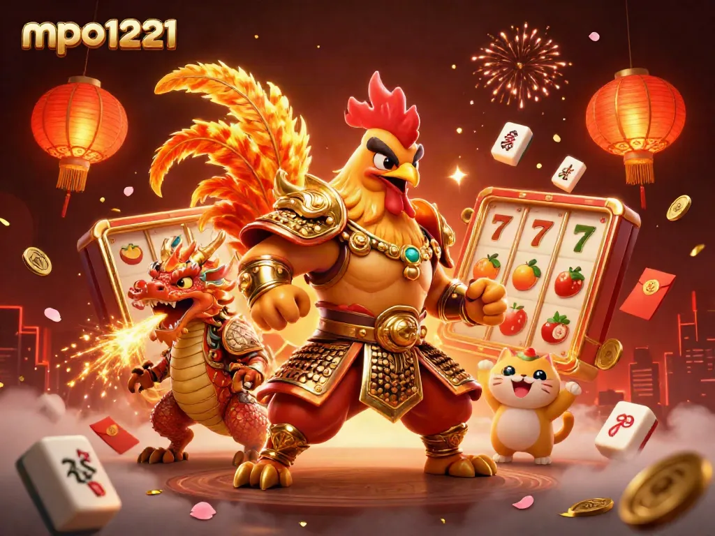 Experience exciting gameplay with mpo1221 featuring a dynamic scene of a rooster warrior and a dragon