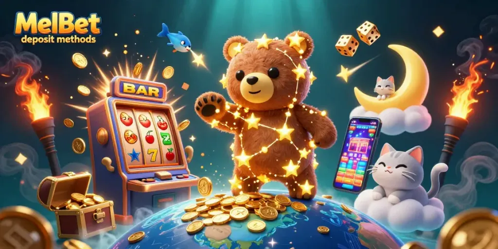 Experience MelBet deposit methods with vibrant casino elements and characters in a dynamic 3D scene.