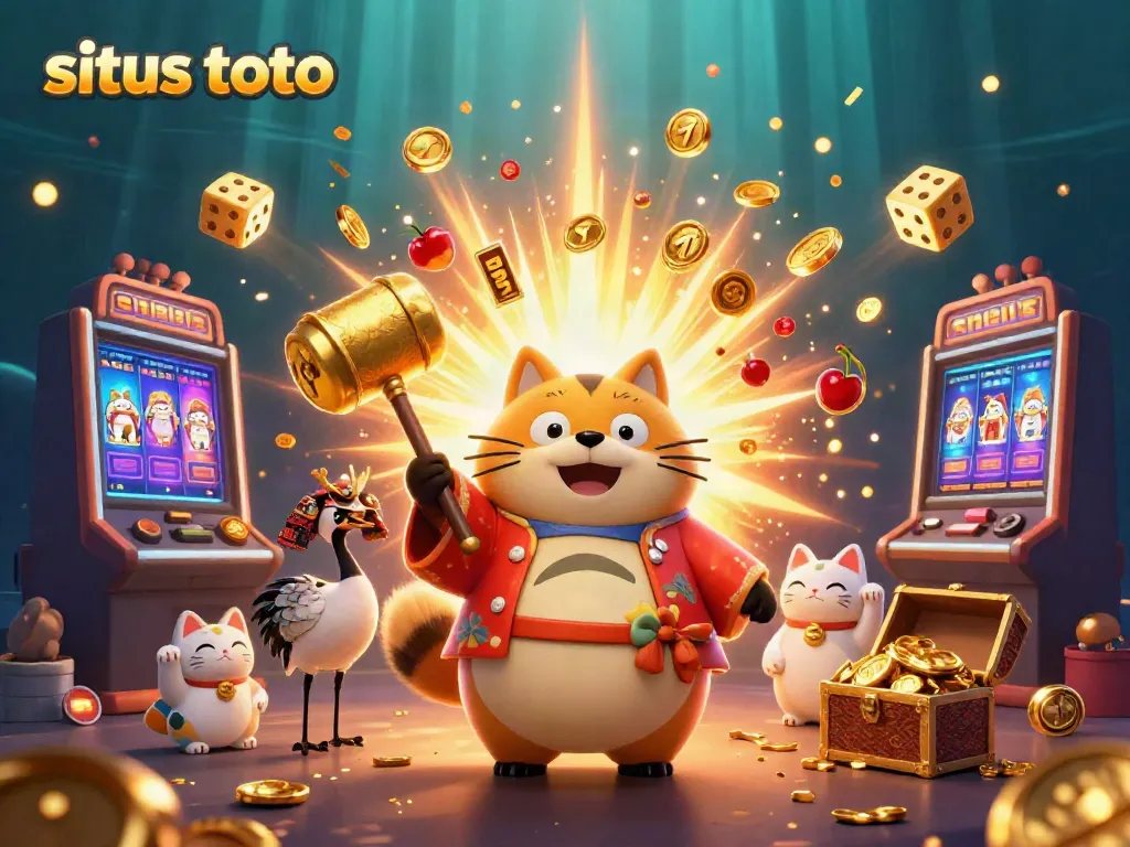 Experience the excitement of situs toto with a dynamic casino scene featuring a cheerful tanuki and vibrant characters.
