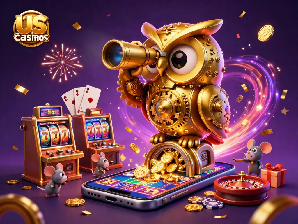 Experience the thrill of us online casinos with a vibrant 3D casino scene featuring golden owls and slot machines.