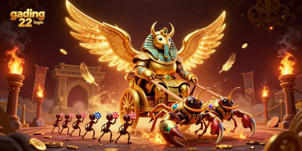 Engage with gading 22 login through an epic 3D casino illustration featuring a scarab beetle and scorpions.