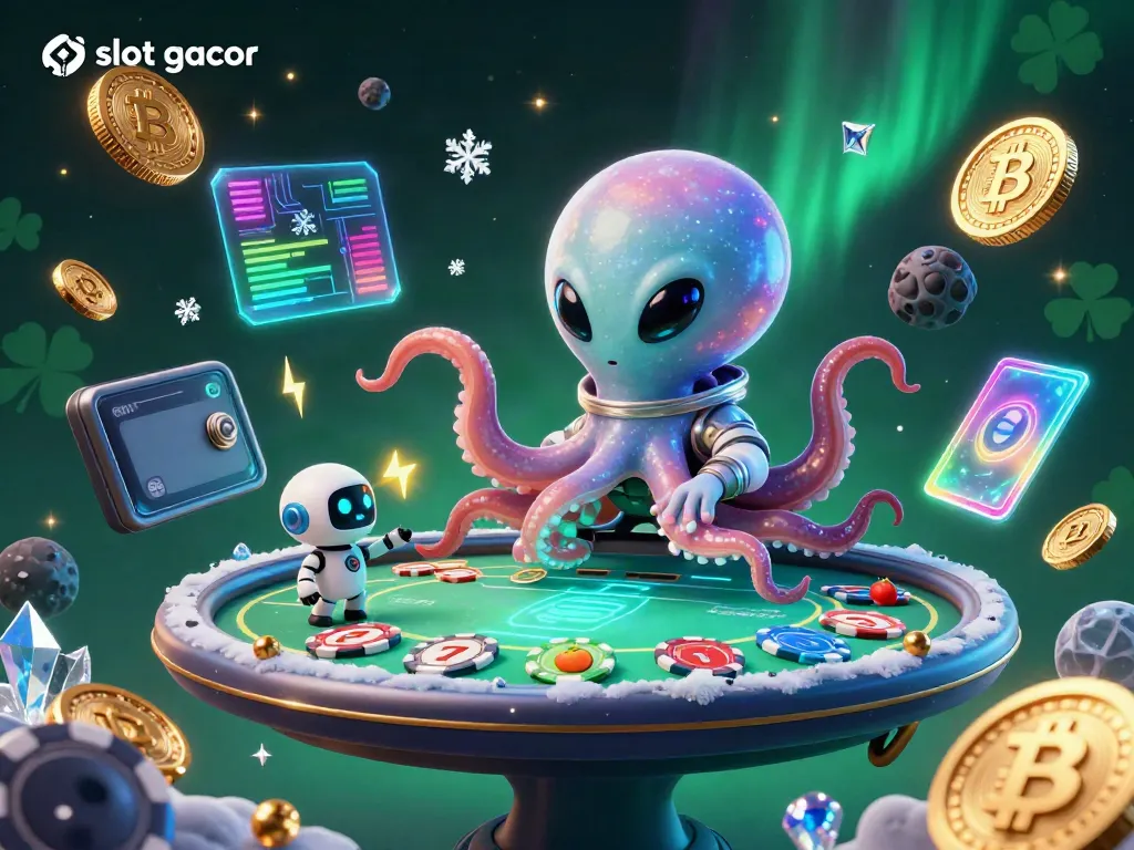 Experience thrilling slot gacor gameplay with an alien octopus at a holographic poker table.