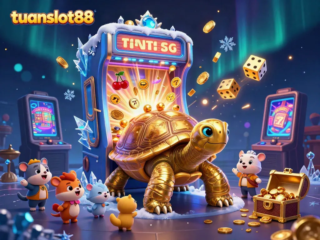 Rasakan keseruan di tuanslot88 dengan mesin slot raksasa dan tortoise kartun berwarna emas yang unik.