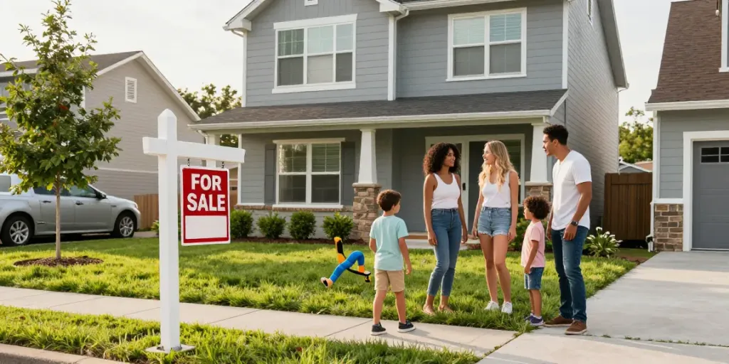 Showcasing a family discussing their property in a vibrant neighborhood, highlighting inviting home features.