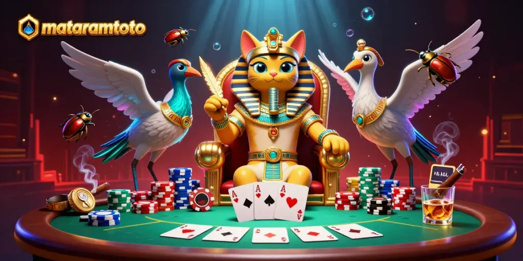Experience thrilling gameplay at mataramtoto with vibrant poker action featuring a pharaoh cat.