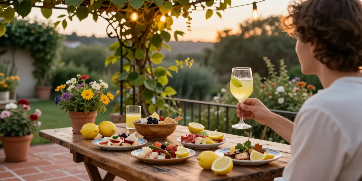 Enjoying dannyslimoncello in a charming garden aperitivo setting with antipasto and fresh lemons under warm string lights.