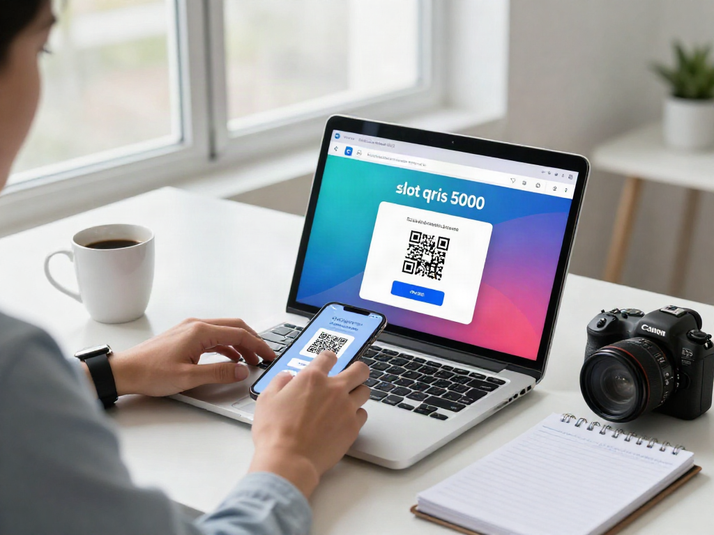 Person using slot qris 5000 payment app in a modern office setting.