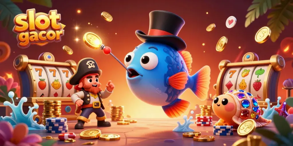 Engage in the thrilling world of slot gacor with a cartoon anglerfish, shrimp, and sea snail amidst a rich jackpot scene.