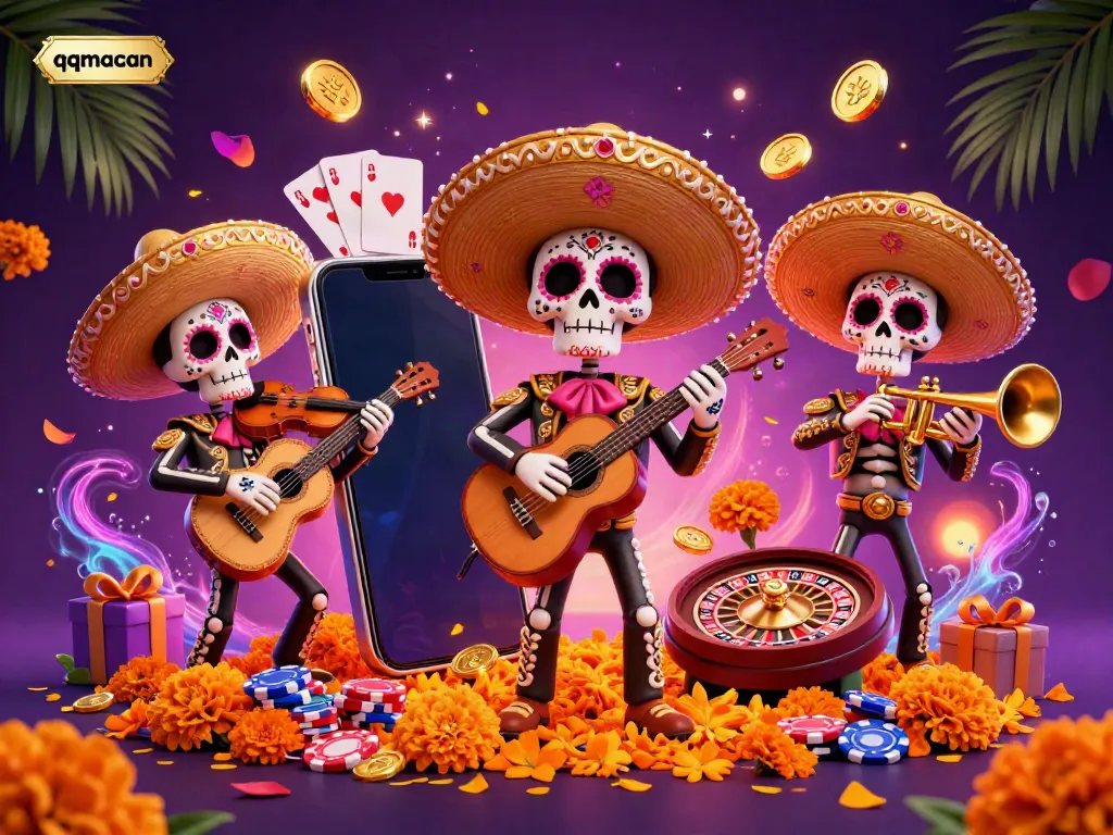 Engage with qqmacan’s vibrant 3D casino scene featuring a mariachi band and dynamic slot games.