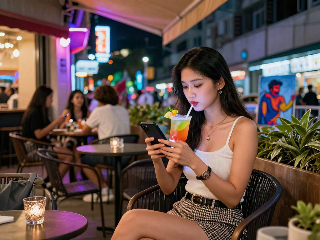 大秀 探花 夜生活场景，时尚女性在咖啡馆享受饮品并使用手机。