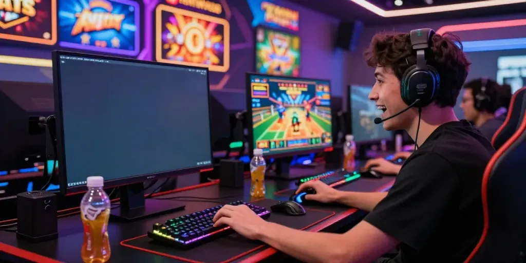 Excited player enjoying tohoto slot online game at colorful LED-lit gaming setup