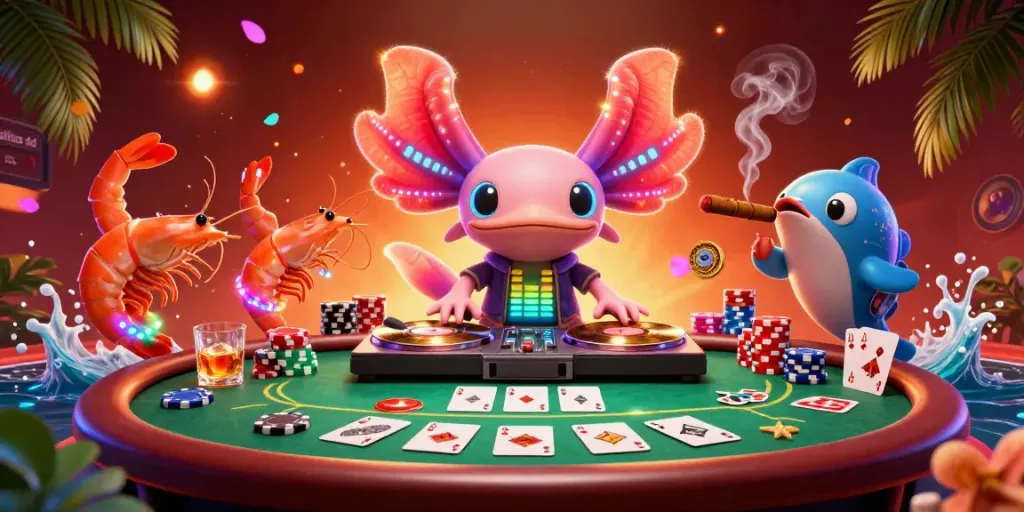 Experience the vibrant world of situs 4d with a lively underwater casino scene featuring neon characters and poker elements.
