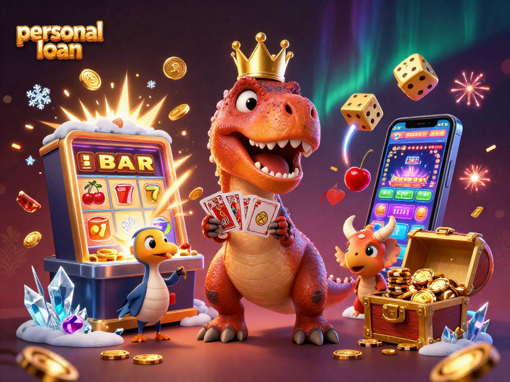 Engage with dynamic personal loan options while a T-Rex card-shuffling and triceratops stacks chips.