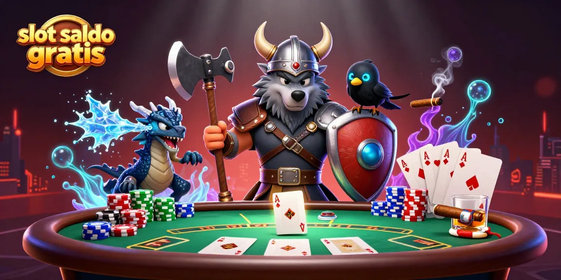 Spin to win with slot saldo gratis, illustrating a Viking warrior, dragon, and poker elements.