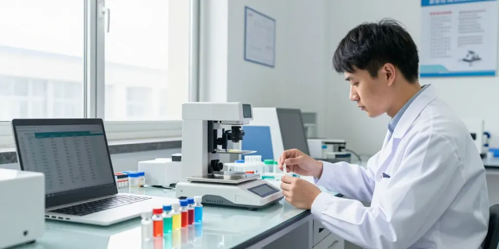 Researcher analyzing peptide samples while comparing peptides prices.
