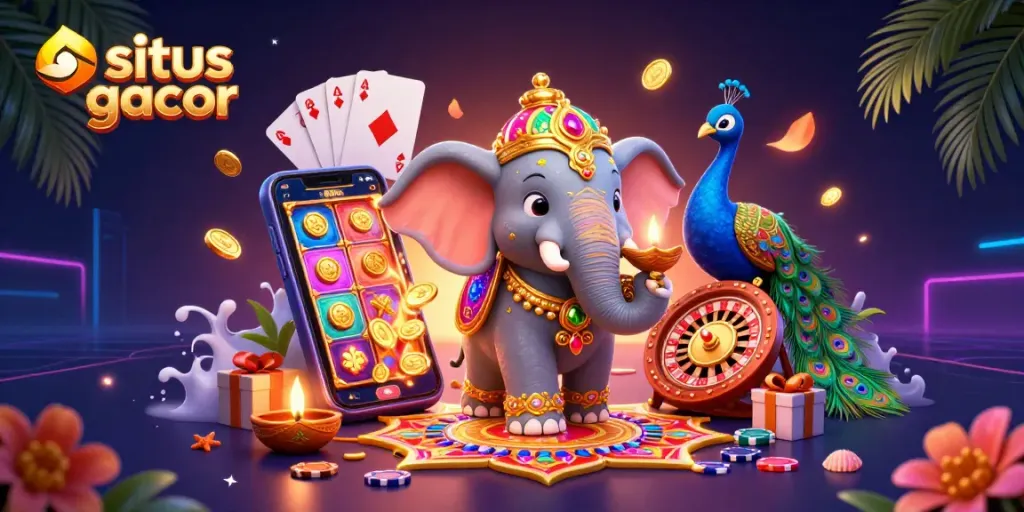 Engage with situs gacor through this vibrant 3D illustration capturing colorful casino elements and lively characters.