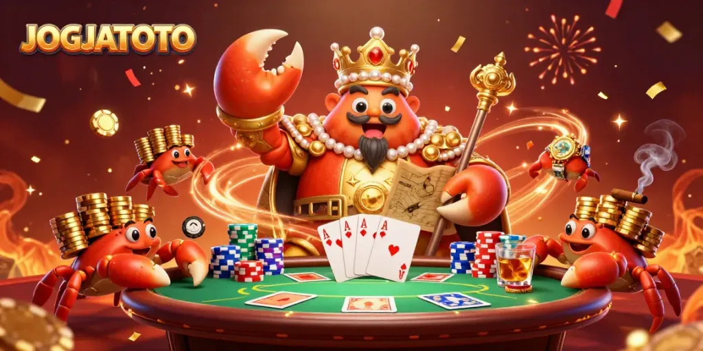 Experience the thrills of JOGJATOTO in this colorful 3D illustration featuring a golden crab emperor amidst poker excitement.