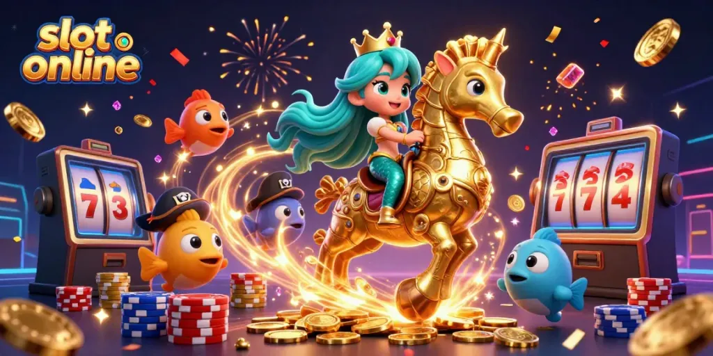 Experience the excitement of slot online games with a vibrant mermaid illustration showcasing gems and coins.