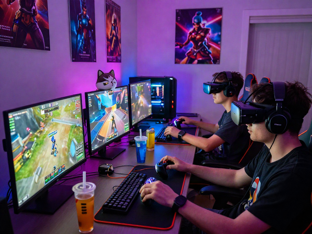 Suasana bermain game online luxury111 dengan teman-teman, penuh semangat dan warna-warni lampu LED.
