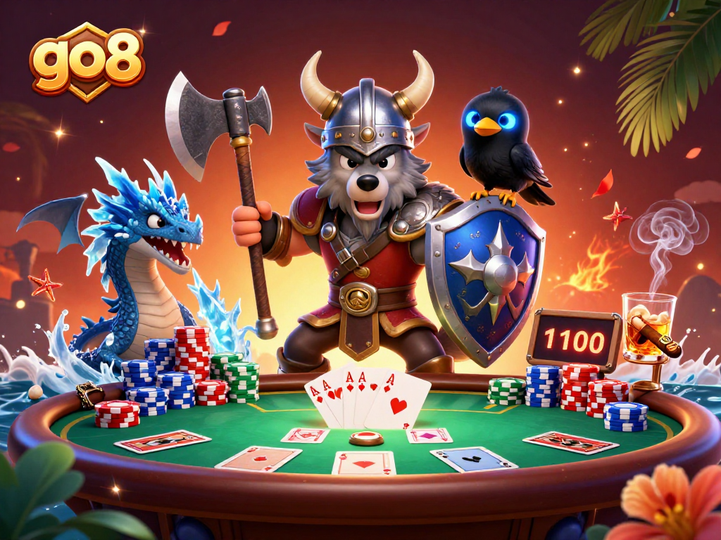 Experience go8 gaming action with Viking warrior, dragon, poker elements, and dynamic casino atmosphere.
