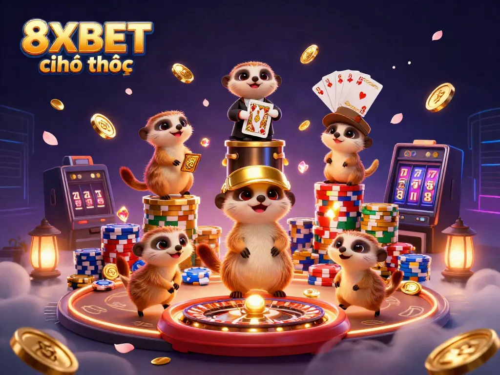 Experience the excitement at 8XBET chính thức with engaging meerkat characters in a vibrant casino scene.