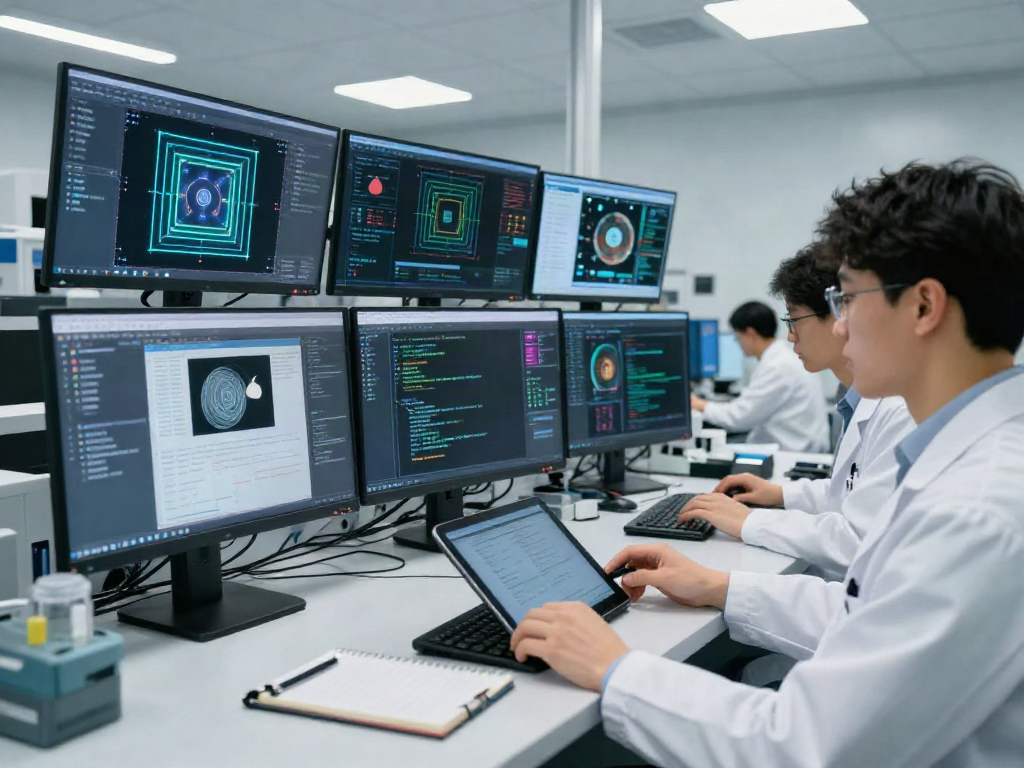 Data scientist engaged in AI-Generated Image Detection analysis in a modern lab.