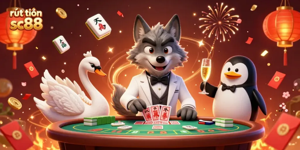 Engage in rút tiền sc88 with a lively casino scene showcasing an elegant wolf, swan, and penguin.