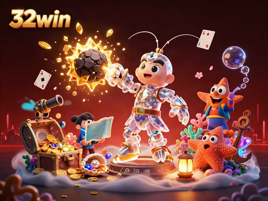 32win features a dynamic scene with a mantis shrimp bursting asteroids, showcasing vibrant casino elements.