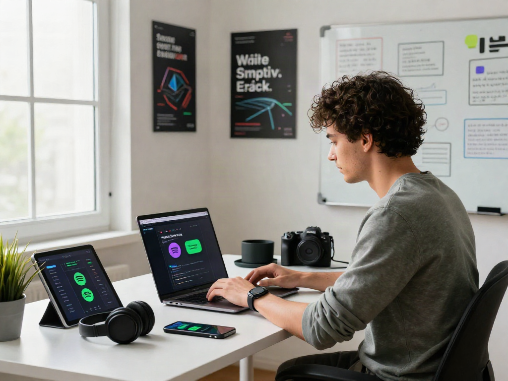 Young professional downloading spotify mod apk in a modern workspace