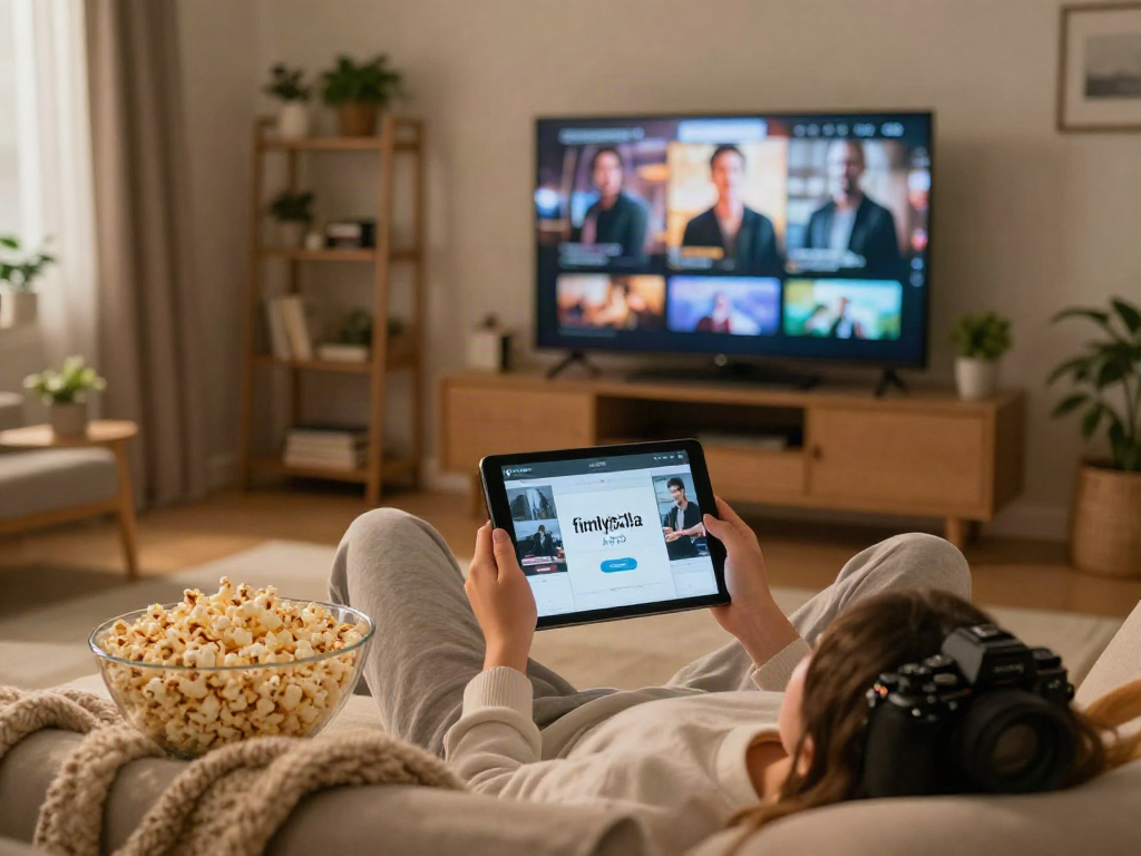 Enjoying the filmyzilla APK in a cozy living room with a tablet.