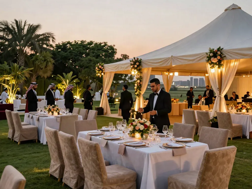 Event rental ksa setup with luxurious tent and elegant furnishings for outdoor celebrations.