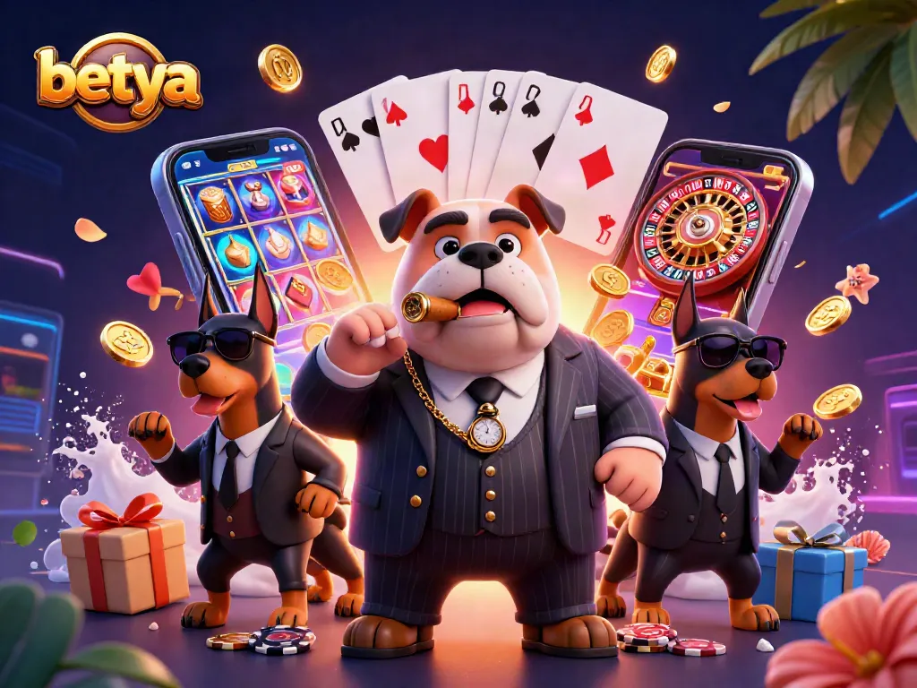Experience the excitement of Betya casino's vibrant gaming world with a dynamic 3D illustration.