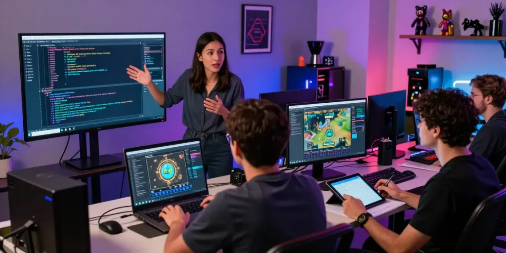 Developers collaborating on Bos88 game updates in a vibrant studio environment.