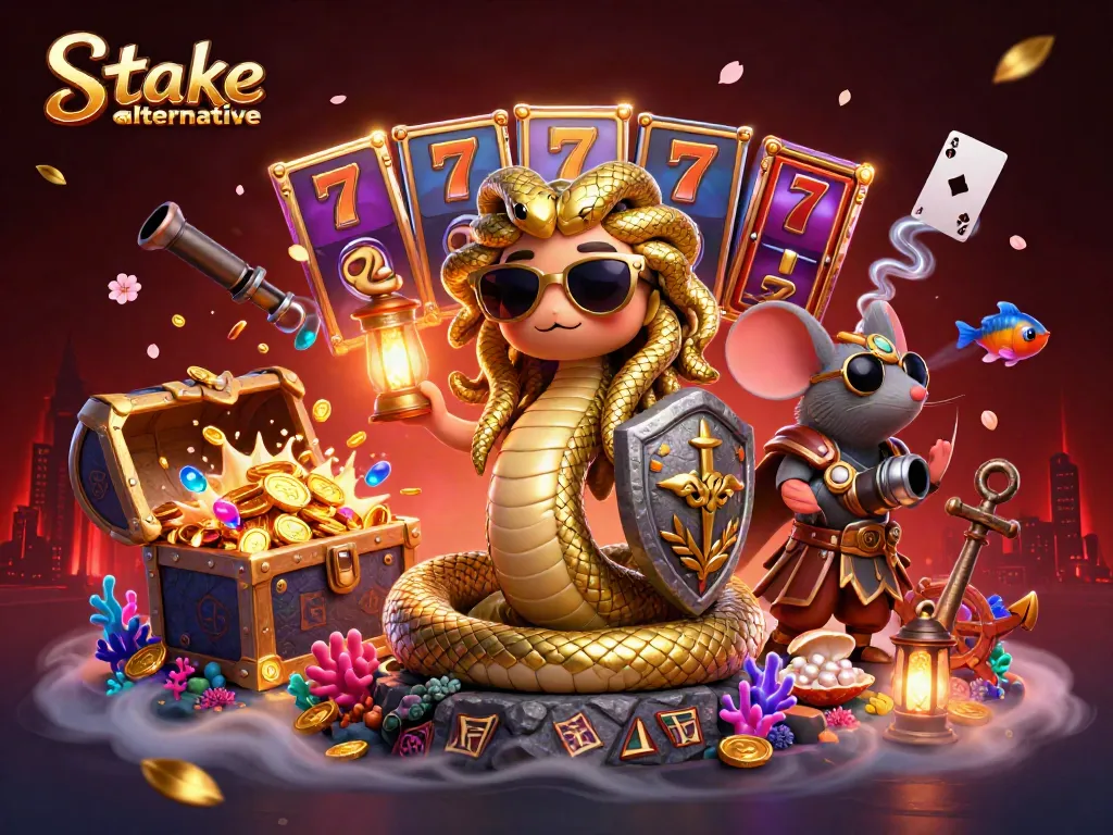 Play exciting games with stake.us alternative at vibrant casino-themed illustration.