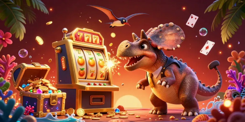 Experience thrilling wins with qqmacan as pachycephalosaurus breaks the jackpot on a golden slot machine, while wild casino elements surround.