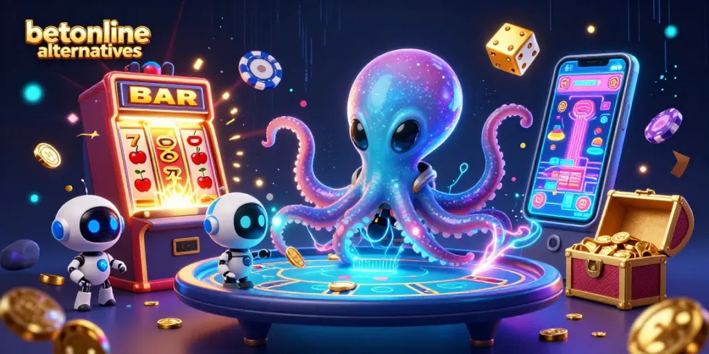 Experience betonline alternatives with a vibrant casino scene featuring an octopus and thrilling game elements.