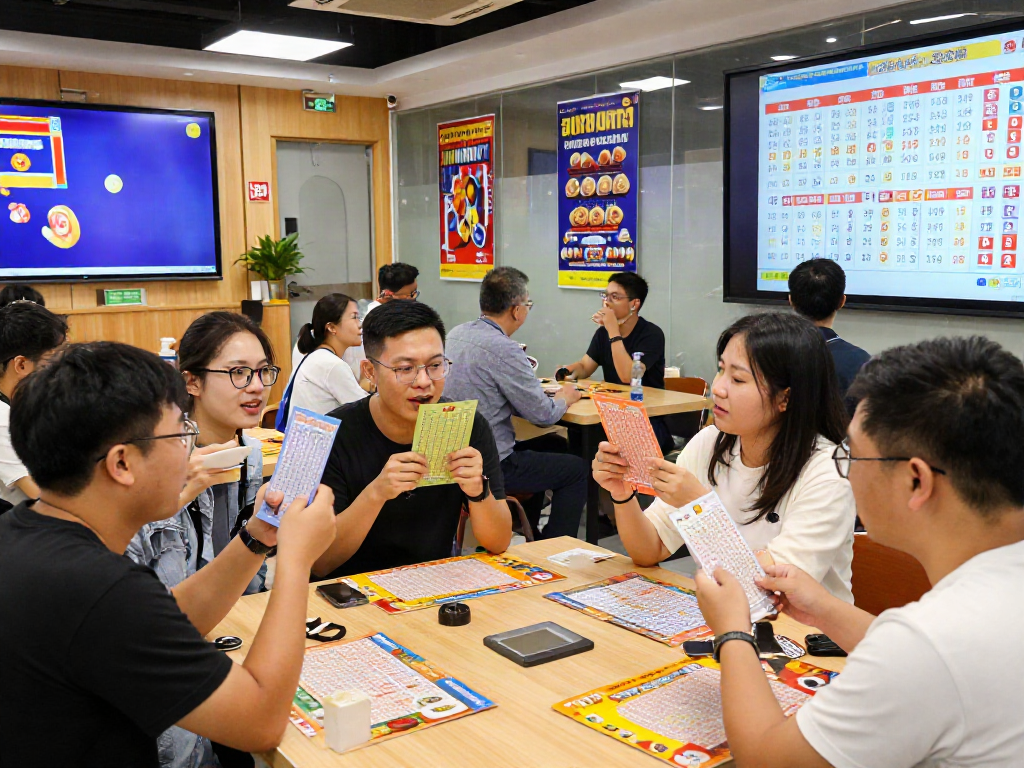 Toto 4D players eagerly checking their tickets in a vibrant gaming hall.